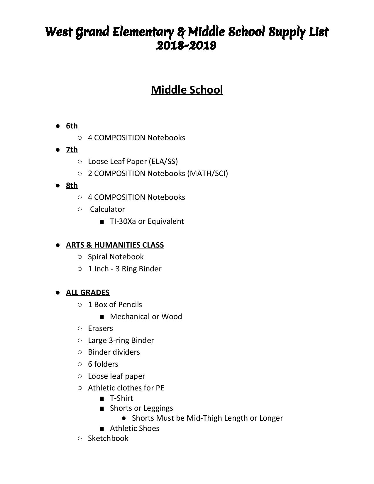 Middle School Supply List for 2018-2019